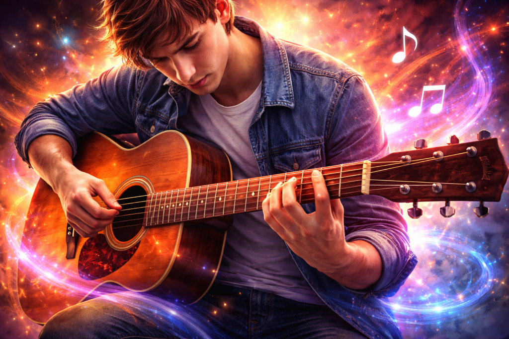 Beginner guitarist playing chords with emotion, highlighting hand placement and strumming feel