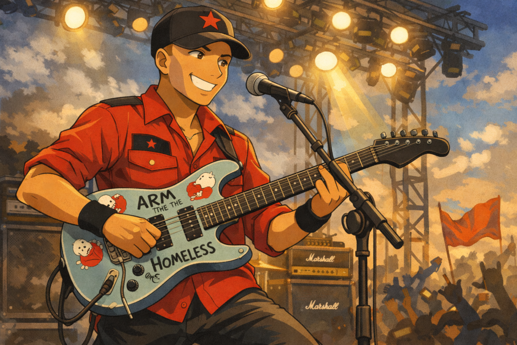 Tom Morello playing guitar with effects and minimal notes